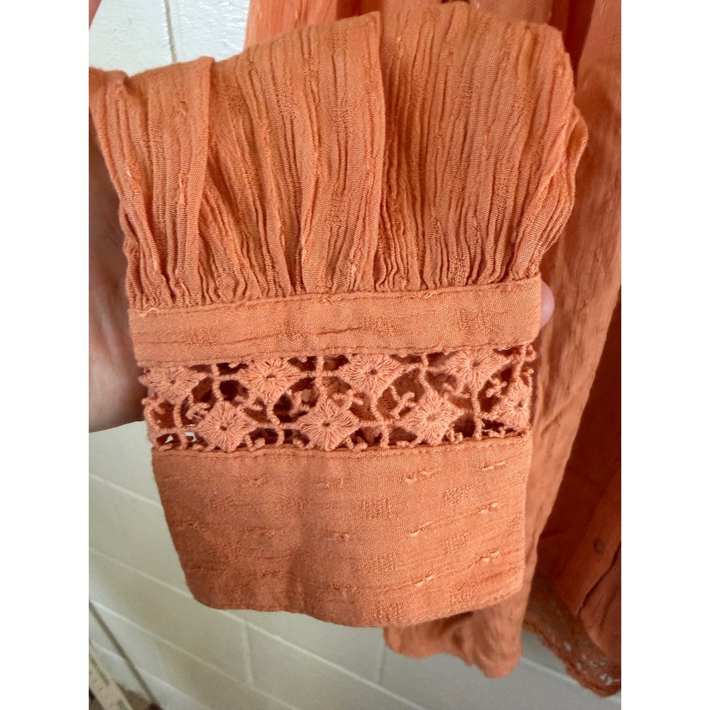 Free People Lace Inset Blouse Women Large Orange Long Sleeve Button Down Boho - Picture 8 of 12